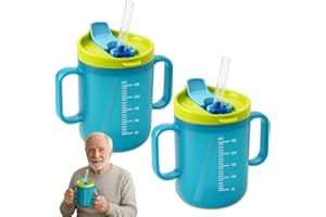 HOVCEH 2 PCS Elderly Spill Proof Cups, 280 ml Unspillable Cup with 2 Handles, Elderly Drinking Cup, Feeding Cup Drinking Cup with Lid and Straw, Adult Sippy Cups for The Elderly Non Spill (Blue)