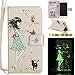 Produktbild iPhone 7 Plus lederhülle ledercase,iPhone 8 PLUS Luminous Leder Wallet Tasche Brieftasche Schutzhülle,Fanryn Schönes Mädchen und Katzen Muster Nacht Leuchtende Design Hochwertige PU Leder Flip Tasche Case Hülle im Bookstyle mit Standfunktion Kredit Kartenfächer für Apple iPhone 7 PLUS / iPhone 8 PLUS (Gold)