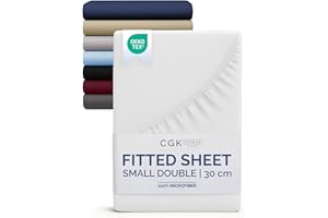 CGK UNLIMITED Small Double Fitted Bed Sheet 120x190x30cm - Deep Fitted Sheet for Mattresses up to 30 cm (12") - Soft Brushed Microfiber - Wrinkle, Shrinkage & Fade Resistant - OEKO-TEX - White - Bottom Sheet