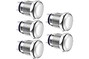 Gebildet 5pièces 12mm 3A 12V/24V/110V/250VAC Interrupteur à Bouton-Poussoir Etanche Verrouillage en Acier Inoxydable Bouton-Poussoir Marche-Arrêt (Tête Plate)