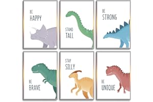 MAQ Jungle Nursery Wall Decor Art Pictures, 6 Pack Safari Dinosaur Wall Prints Cartoon Animal Wall Murals Poster with Inspirational Quotes for Baby Kids Bedroom Living Room Bathroom