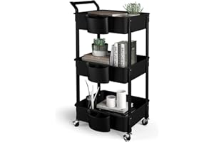 ‎HBTOWER HBTower Rollwagen aus Kunststoff，Küchenwagen 3 Etagen, Servierwagen, mit extra hängenden Tassen, feststellbare Räder für Wohnzimmer, Küche, Büro, Schwarz