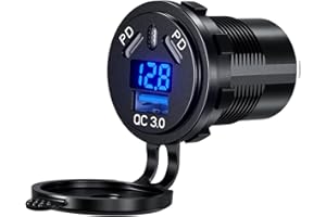 Thlevel USB C Gniazdo 12V / 24 V ładowarka samochodowa 45W PD Typ C i 18W QC3.0 USB z Digital Voltmeter wyświetlacz i przełącznik Szybkie obciążenie wodoodporne dla samochodowych motocykl