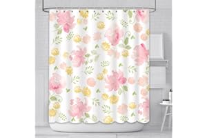 AIBIIN 180 x 180 cm wiosenny kwiat zasłony prysznicowe żółty różowy akwarela kwiatowa zasłona łazienkowa akwarela roślina liście trwała tkanina poliestrowa z 12 haczykami