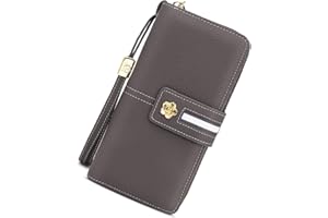 Pomelo Best Cartera de piel auténtica para mujer - Protección RFID - Cartera grande - Bonito regalo para mujer - Con caja de regalo, gris y rosa., m, Moderno