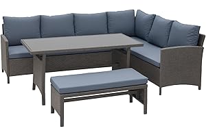 Outsunny Conjunto 4 Piezas Muebles de Ratán Espacio Amplio con Cojines Acolchados para Jardín o Terraza Patio 2 Sofá 1 Mesa 1 Banco de Exterior Tubo de Hierro Vidrio Templado Gris