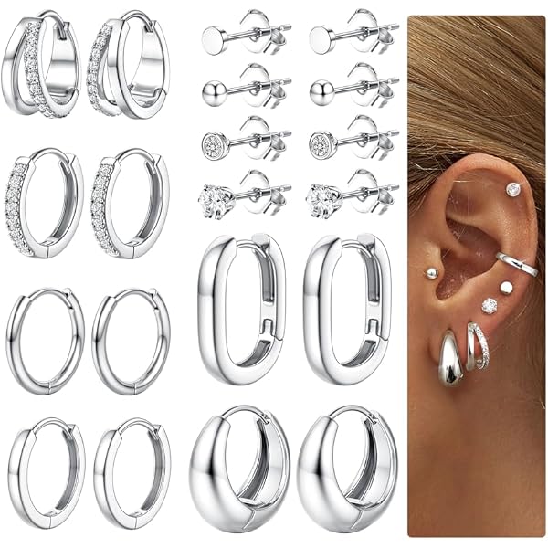 JeweBella 13 Paires Boucles D'Oreilles Acier Chirurgical Hypoallergénique – Zirconia, Opale, Moonstone, Créoles Or/Argent Pour Multiples Piercings