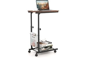 COSTWAY stolik z kółkami, stolik pod laptopa z regulacją wysokości, z koszami na przechowywanie, stolik do sofy w kształcie litery C, stolik do łóżka w stylu industrialnym, metalowa rama, 50 x 30 x 80