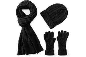VILLAND 3 en 1 Laine Chapeau Gants Écharpe Ensemble pour Femme Hiver Ensemble, 3 Pièces Torsadé Bonnet pour Femme avec Boîte-cadeau