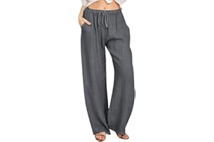 YIOUYISHENG Wide Leg Trousers for Women UK Cotton Linen Elasticated High Waist Drawstring Linen Trousers Womens Straight Leg Joggers Ladies Bottoms Lounge Casual Fashion Beach Palazzo Pants with Pockets Summer
