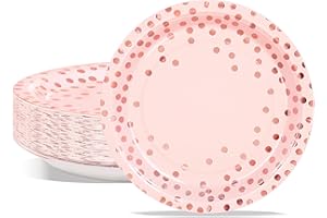 AIPartywar Platos de Papel, 50 Platos de Postre de Fiesta Pink con Lunares de Papel de Oro Rosa, Plato Desechable de 18cm, Para Cumpleaños, Bodas, Aniversarios, Fiestas, Reuniones
