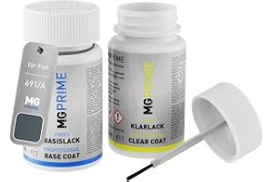 MG PRIME Billack lackstift för Fiat 691/A / 691 Grigio Ferro Metallic +1K | Fer Grau Metallic, Set med baslack + klarlack, bättringsfärg, lackflaskor med pensel, à 50ml