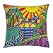 Produktbild Fantasy Throw Pillow Cushion Cover, Artistic Colored Fictional Landscape with The Sun Tree Flowers Sea Bridge Car, Decorative Square Accent Pillow Case, 18 X 18 inches, Yellow Red Blue