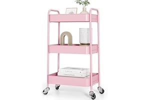 KINGRACK Carrello da cucina, carrello a rotelle a 3 piani, in metallo, con ruote, maniglie, per ufficio, salone, tutti i veicoli per cucina, bagno, cosmetici, senza viti, facile da montare (rosa)