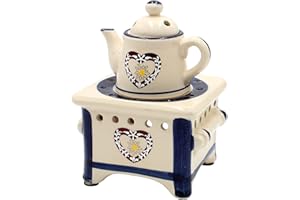 Dekohelden24 Duftlampe als Herd mit Kanne und Herz, blau/Aromalampe/Duftlicht/Duftstövchen, L/B/H: ca. 12 x 12 x 17 cm