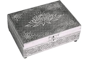 FIND SOMETHING DIFFERENT FindSomethingDifferent Caja para tarot con diseño de flor de loto en relieve, madera, forro de fieltro, color plateado