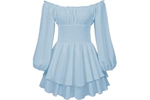 Owegvia Damen Aus Schulter Puffärmel Romper Kleid Rüschen Geraffte Doppelschicht Fee Prinzessin Minikleid Boho Kurz Jumpsuit Party