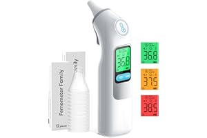 FEMOMETER FAMILY Ohrthermometer, Fieberthermometer Ohr für Baby Kinder und Erwachsene, digitales Thermometer mit 30 Speicherabrufe, 1s Ergebnis und 3-Farben-Fieberalarm, mit 24 Ersatzschutzkappen
