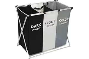 Comfortos 3 Section Laundry Basket,135L Laundry Hamper,Collapsible X-Frame Aluminum, Foldable Washing Basket with 3 Compartments Large laundry Storage Organizer,For Laundry Room,Bedroom & Bathroom