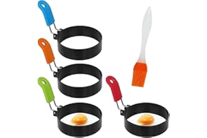 WOVTE Egg Rings,4pcs Stainless Steel Egg Rings Non Stick Set with Folding Handles and One Silicone Brush,Breakfast Cooking Tool Suitable for Fried Eggs, Pancakes