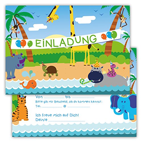 12 Lustige Einladungskarten Set für Kindergeburtstag Dschungel Party für Jungen Mädchen Kinder Karten Löwe Tiger Affe Giraffe Papagei Schlange Nilpferd witzig Safari Urwald fröhlichen Tieren Zoo