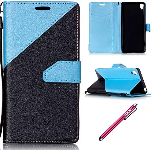 Hpory Sony Xperia XA Leather Case, Scrub Black And Light Blue Pattern Book Style Flip Support PU Leather Walllet Case with Credit Card Holder Silicone Bumber Case for Sony Xperia XA + 1 x Stylus