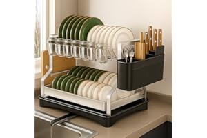 SerkaHome Escurreplatos Acero Inoxidable 2 Niveles - Drenaje Automático y Patas +4 cm - Seca Platos Grande y Compacto – Organizador Fregadero Cocina con Soporte para Platos, Cubiertos y Vasos