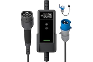 dé EV Chargeur CEE 7,4 kW [6 m, 1 phase, 6-32 A] Wallbox 7,4 kW avec câble de charge de type 2 et commande LCD numérique pour ID.3/4/5, modèle 3/Y, EX30, IX1, Q3/4/5 et Autres EV & PHEV