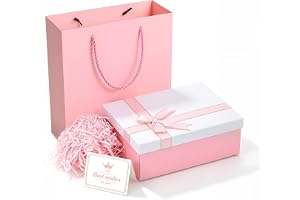 JIANTA Presentförpackning med lock, bärväska, presentförpackning födelsedag | Rosa, 25 x 18 x 8,5 cm, present, kartong med rosett, gratulationskort, raffia för jul, bröllop, alla hjärtans dag