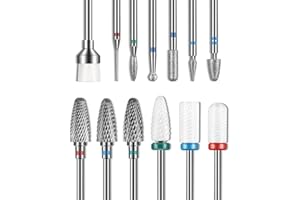 Depvko 13PC Nail Drill Bits Set, Professional Drill Bits for Nails, 3pcs Tungsten Carbide+ 3pcs Ceramic Efile Bits+ 6pcs Cuticle Remove Bits+ 1pcs Brush, 3/32'' Safety Bits for Nail Drill for Manicure