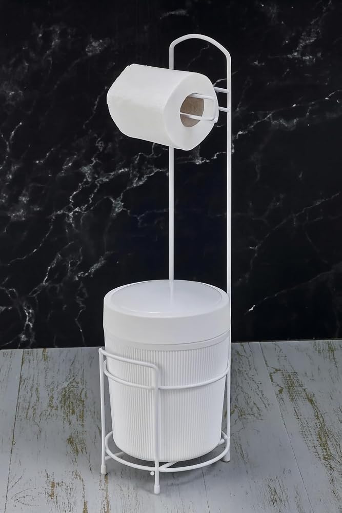 Lüks Banyo Mutfak Çöp Kovası Metal Standlı Tuvalet Wc Kağıtlık Seti (Beyaz)