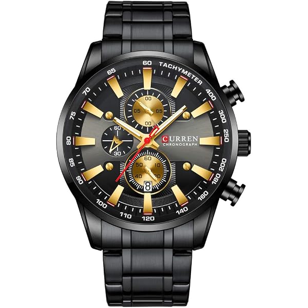 CURREN Orologio sportivo da uomo, al quarzo, cronografo, con lancette luminose, alla moda, in acciaio inox, datario (oro rosa nero), Cronografo, movimento al quarzo