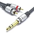 VITALCO Jack 6.35mm Stereo to 2RCA Cable 1.5m Y Splitter Lead 1/4 Inch TRS Stereo to Twin RCA Cinch Mono Male to Male Plug 1/4 Audio Adapter Gold OFC