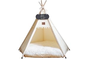 Whiwhi Pets Teepee Dogs Tent with Thick Cushion Cat/Dog Bed Removable and Washable Puppies Play House Cats Tents 50x50x60cm