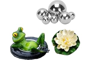 Super Idee Mini estanque decorativo con 6 bolas plateadas y 2 flores de loto para mini estanques de terraza, bañeras de zinc, fuentes solares, jardín, balcón, estanque, decoración (rana en neumáticos)