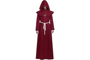 KONVINIT Halloween Monk Costume for Adult Medieval Friar Hooded Monk Black Cape Renaissance Priest Robe Mens Halloween Costumes