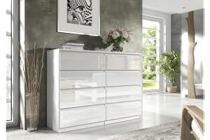 3xE living Elegant och rymlig byrå med 8 lådor, 120 cm, vit/blank vit, perfekt för vardagsrum, kontor, sovrum. Mått: 120 x 39