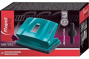 Maped - Material de Oficina - Perforador Deco Ess de Metal - Agujereador de Papel para 20/25 Hojas - Diseño en Color Azul Metalizado - Sistema de Sujeción de Hojas