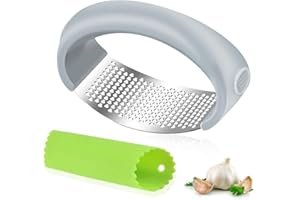 EIHI 1 PCS Prensa de ajo de acero inoxidable, Prensa de ajo para verduras picadas, Prensa de ajo de acero inoxidable con juego de pelador de ajos de silicona (Gris)