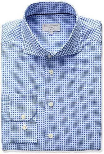 English Threads Men's Slim Fit Square Pattern Dress Shirt, Blue, 15.5" Neck 34-35" Sleeve