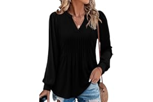 CHICZONE Women's Tunic Tops Puff Sleeve V Neck Pleated Blouses Casual Dressy Loose T-Shirts