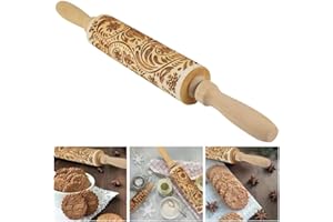 LANSKYLAN Navidad Rodillo de Madera en Relieve Navidad Rodillo Amasar Rodillo Grabado con Patrón de Navidad Rodillo de Madera Cocina Tallada en Relieve Rodillo para Hornear Galletas Fondant (35*4.5cm)