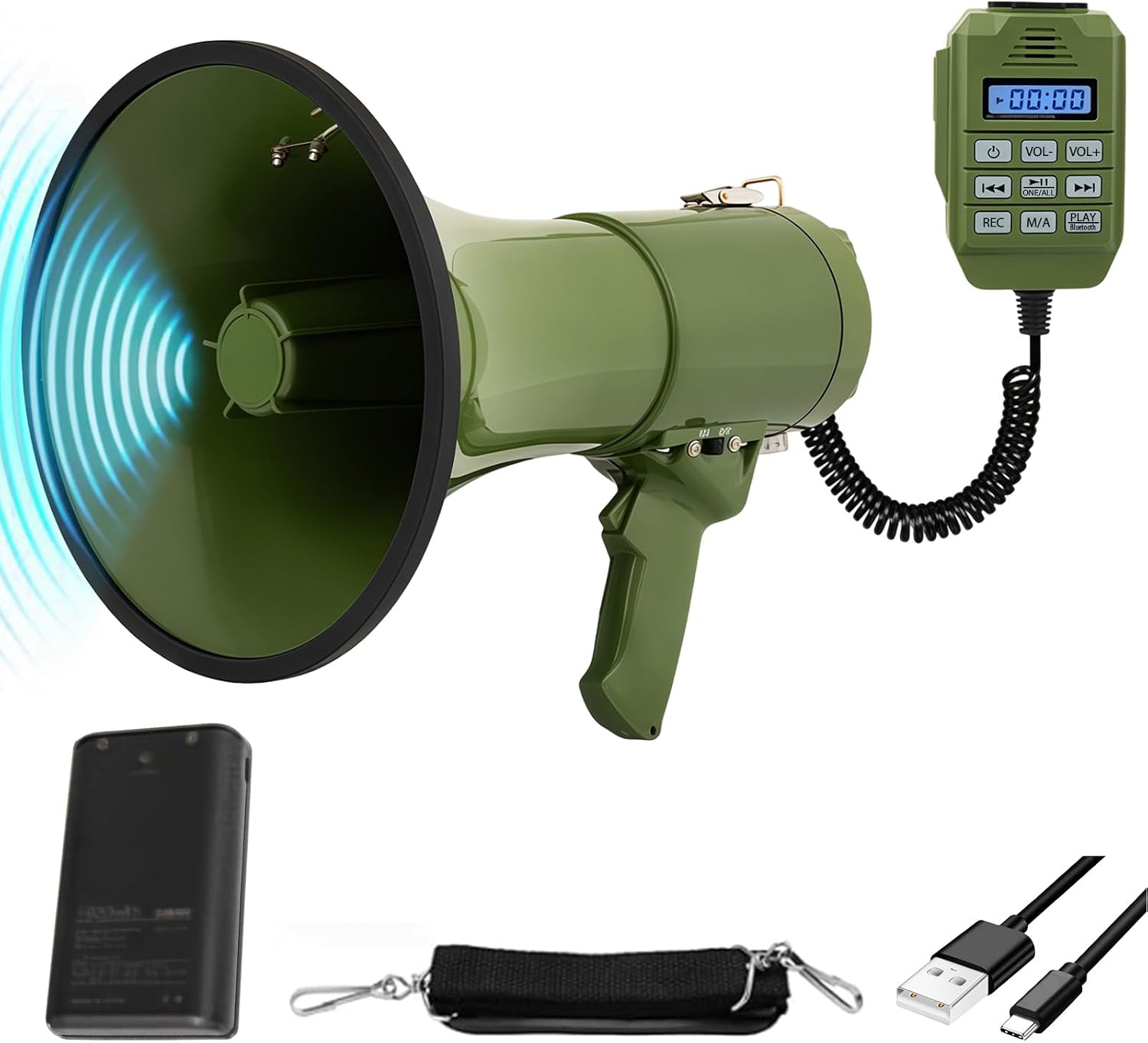Kensbro Megáfono Transportable, Megáfono con Sirena y Micrófono, Funciones Grabación y Bluetooth, 2 métodos de alimentación