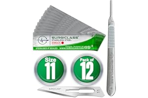 SURGICLASS Pack of 12 Surgical Scalpel Surgical Blades # 11 Stainless Steel Sterile and Handle No 3 Perfect for Wood Art, Surgical, Sculpting, Repairs, Lab Anatomy, Sign, Card Making Lab Trai SURGIGR11-15