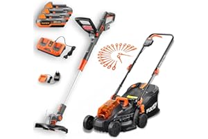FUXTEC 20V SET Giardino - Decespugliatore a batteria e tagliaerba 33 cm (2x20V) con 3 batterie 2Ah, doppio caricatore - Tagliabordi lame di taglio incluse - Tosaerba regolazione altezza di taglio