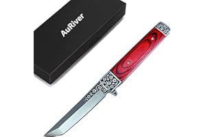 AuRiver Coltello Pieghevole - Coltello da Caccia all'Aperto - Coltello da Salvataggio a Una Mano con Manico in Legno di Sequoia (Rosso)