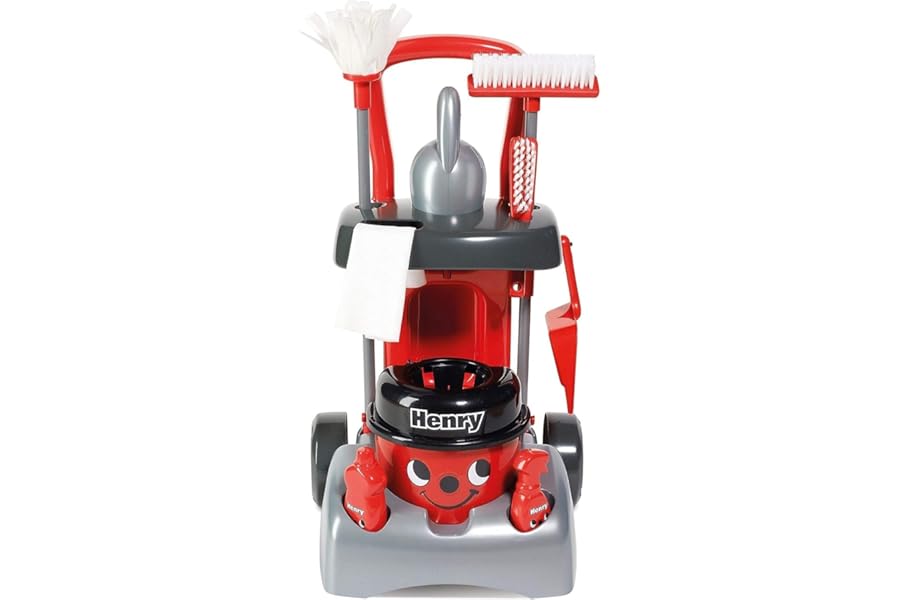 Casdon Henry & Hetty Toys - Henry Deluxe Cleaning Trolley - Red Henry-Inspired Toy Playset with Working Hand Vacuum - Kids Cleaning Trolley Set with Accessories - For Children Aged 3+