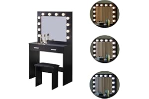 OFCASA Dressing Table with Hollywood Lights Mirror and Stool 2 Drawers Black Wood Makeup Vanity Desk for Girls Bedroom 80 x 40 x 140cm