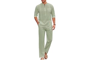 COOFANDY Men's 2 Piece Cotton Linen Sets Casual Long Sleeve Henley Shirts Yoga Pants Set Beach Cuban Outfits