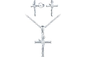 INFINIONLY Collare y Pendientes para mujer niña, Juegos de joyas de plata 925, collar pendientes cruzados, collar y pendientes de cruz entrelazadas con la rosa, circón con incrustaciones, plateado